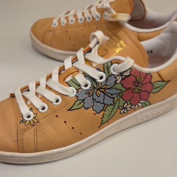 Adidas Stan Smith Peach/ Light Orange Floral Sneakers Leather Low Top Sz 6.5 - Picture 6 of 11